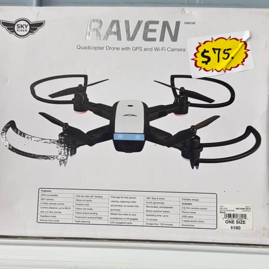 RAVEN quadcopter drone with GPS and Wi‑Fi camera, black and white.