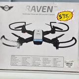 RAVEN quadcopter drone with GPS and Wi‑Fi camera, black and white.