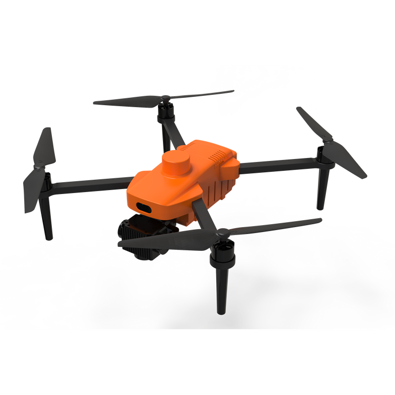 Orange and black quadcopter drone with four foldable propellers