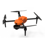 Orange quadcopter drone with four black propellers and arms