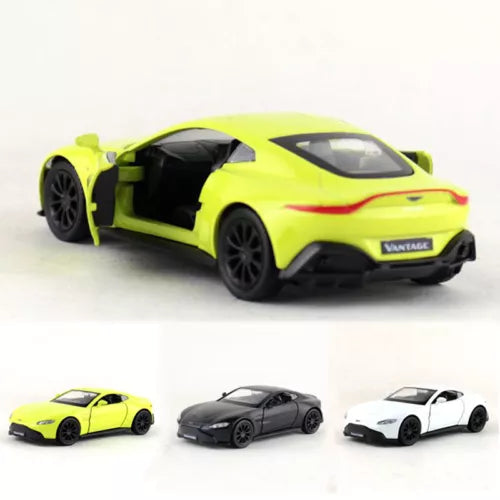 Neon green diecast sports car model, front 3/4 view with side mirrors and wheels