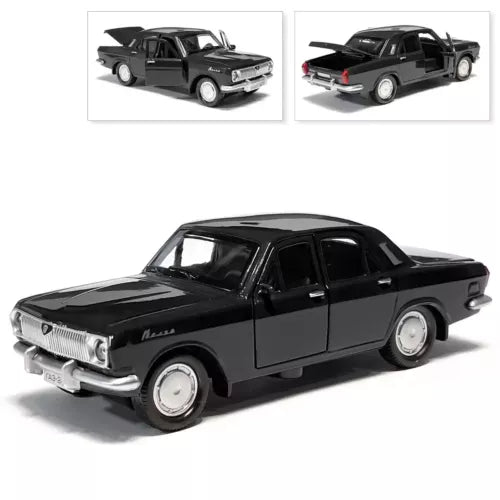 Black 1/36 diecast model car, front 3/4 view with chrome grille and bumper