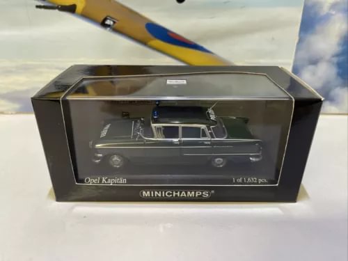 Opel Kapitan police diecast car model in display box, dark blue and white, 1:43 scale