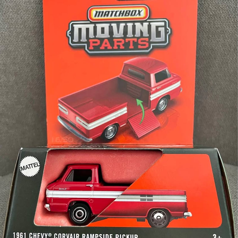 Red Matchbox diecast rampside pickup toy truck, 4 wheels, detailed cab