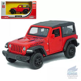 Red diecast Jeep Wrangler Rubicon model car with black soft top and detailed wheels
