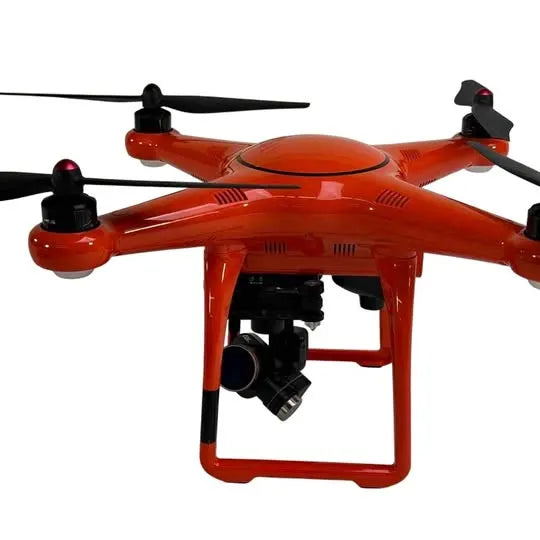 Orange quadcopter drone with front camera gimbal and four propellers