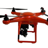 Orange quadcopter drone with front camera gimbal and four propellers