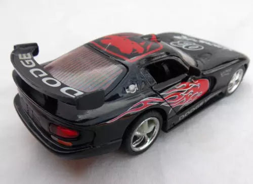 Black and red diecast toy Dodge Viper car, 1:36 scale, side rear view