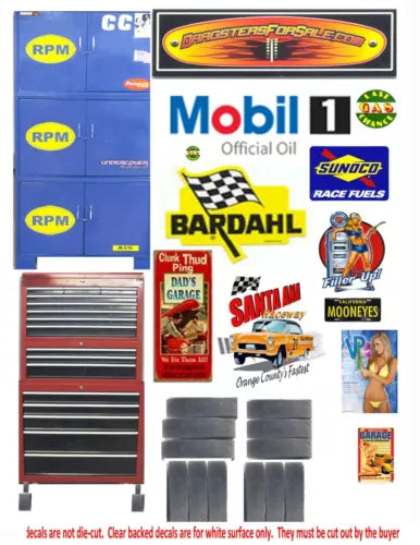 1:18 garage shop decals sheet with transparent stickers and oil brand logo graphics