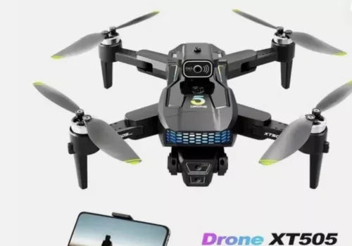 Camera drone with four propellers, front view, dark gray and black body