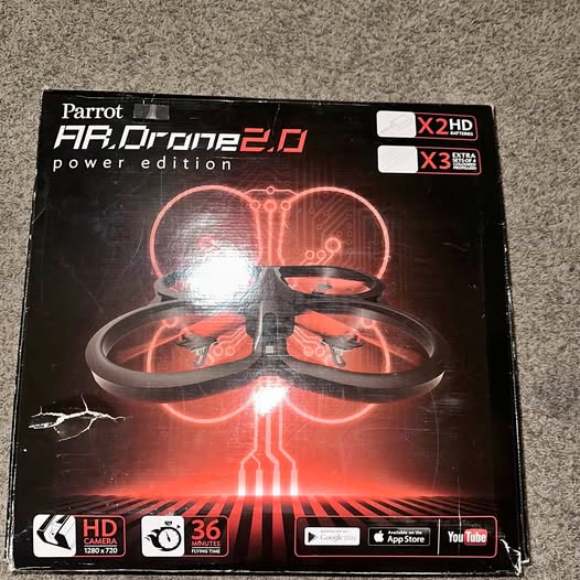 Parrot AR.DRONE 2.0 Power Edition drone box with HD X2 and X3 labels