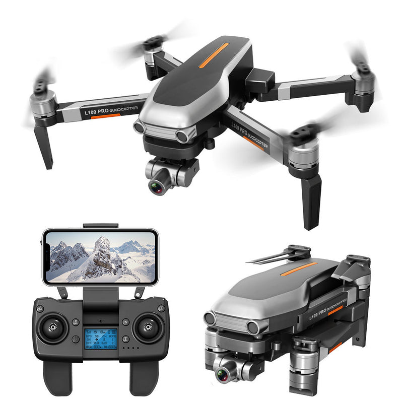 Foldable quadcopter drone with camera, gray body and four rotors, plus remote controller