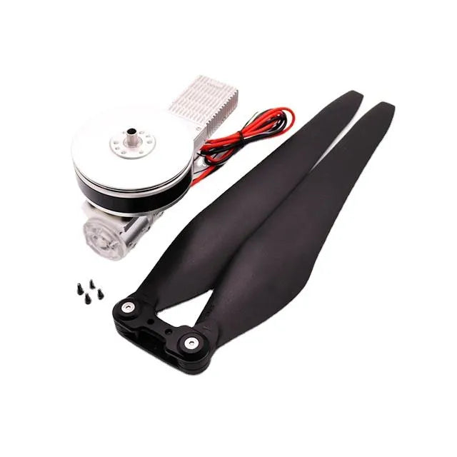 Brushless drone motor with black propeller blades and carbon tube mount