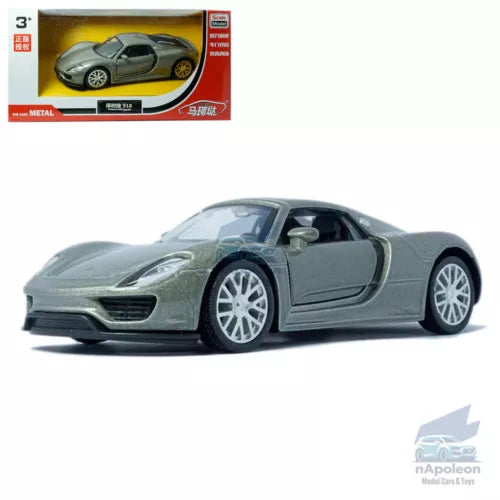 Gray 1:36 Porsche 918 Spyder diecast model car toy, side view with white-spoke wheels