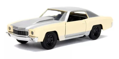 1971 Chevy Monte Carlo diecast car, cream body, black wheels, open interior