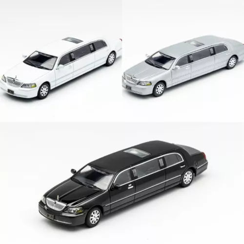 1:64 diecast limousine town car model, black with chrome grille and headlights