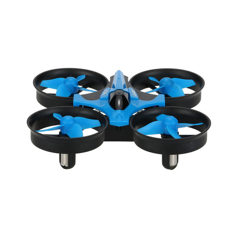 Blue mini quadcopter drone with four black propellers, UFO-style frame