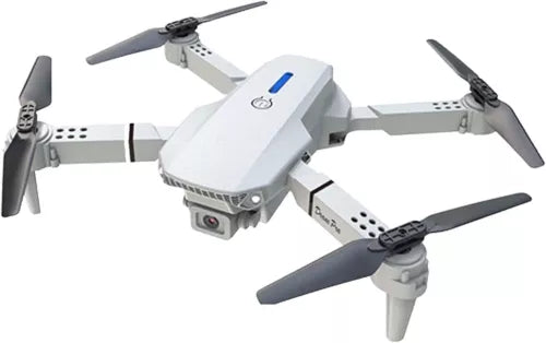White mini FPV drone with dual cameras and four propellers, compact body