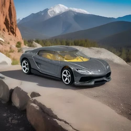 Gray sports car diecast model with front grille and black wheels, angled view.