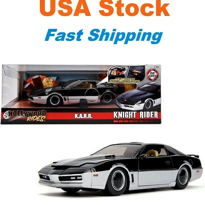 Black and white diecast sports car with hood stripes, front grille and wheels