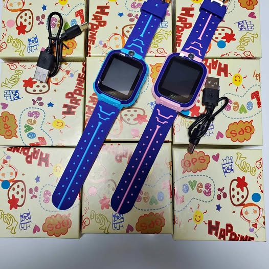 Pair of GPS tracker watches with blue and purple silicone bands