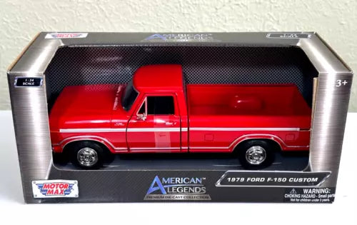 Red diecast pickup truck model with open doors, 1979 F-150 custom style
