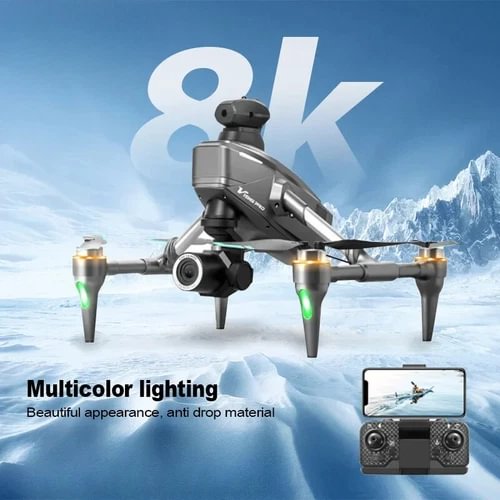 Foldable quadcopter drone with multicolor LED lights, four propellers, gray body