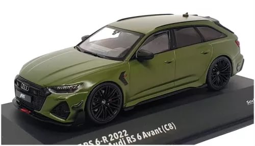 Diecast model car in olive green with black wheels, front 3/4 view on display base