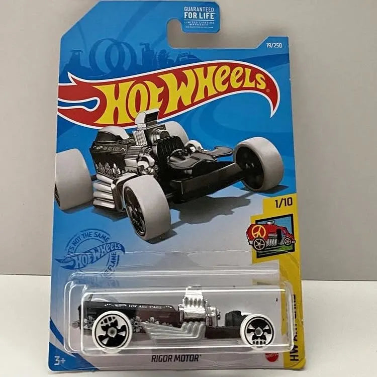 Hot Wheels 1/10 Rigor Motor diecast race car, black and silver, front wheel view