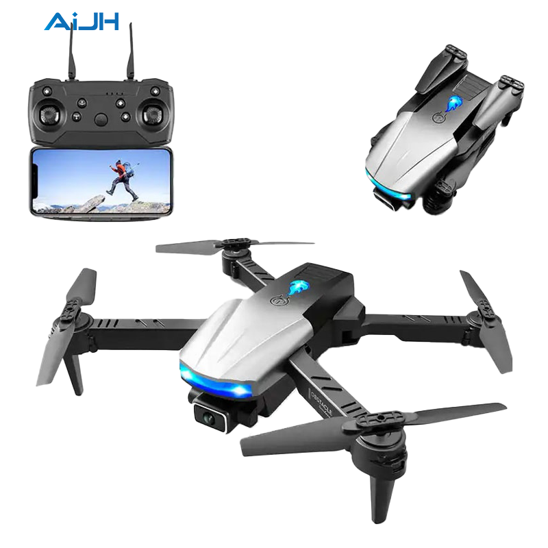 AiJH RC quadcopter drone with HD camera, silver and black, blue LED lights