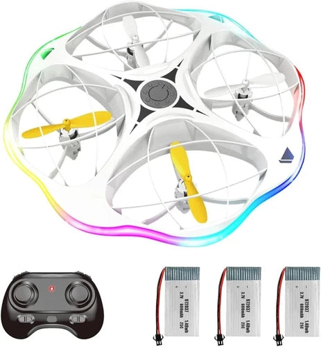 Mini RC drone with four white propellers, LED light ring, black controller and battery packs