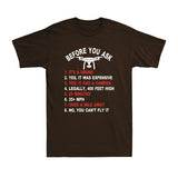 Men's short sleeve graphic T-shirt, dark brown, drone list text with white logo