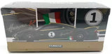 Diecast model car in display box, black with race number 1 and Tarmac logo