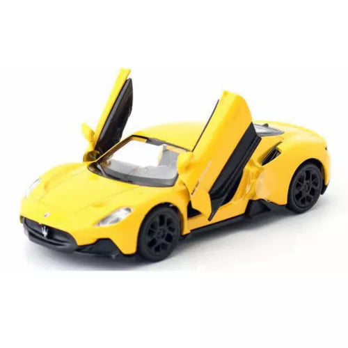 1:36 Maserati MC20 yellow diecast toy car with open scissor doors, front view