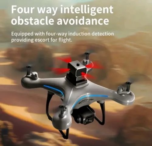 Gray quadcopter drone with dual camera and four propellers