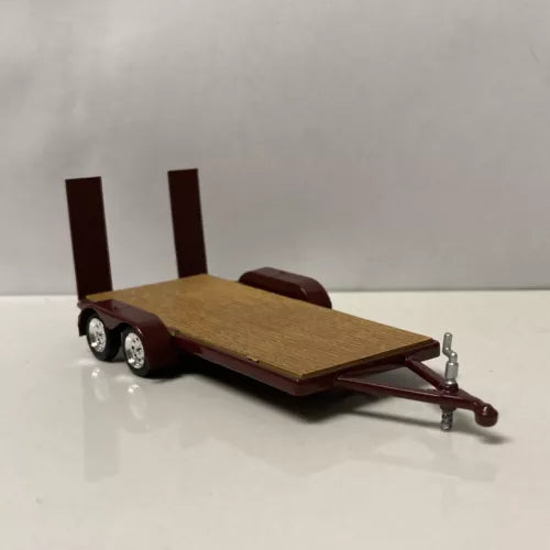 1/64 flatbed car trailer diecast model with maroon frame and tan wood deck