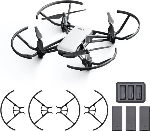 Mini drone with 4 propellers, camera, and extra batteries with charging dock