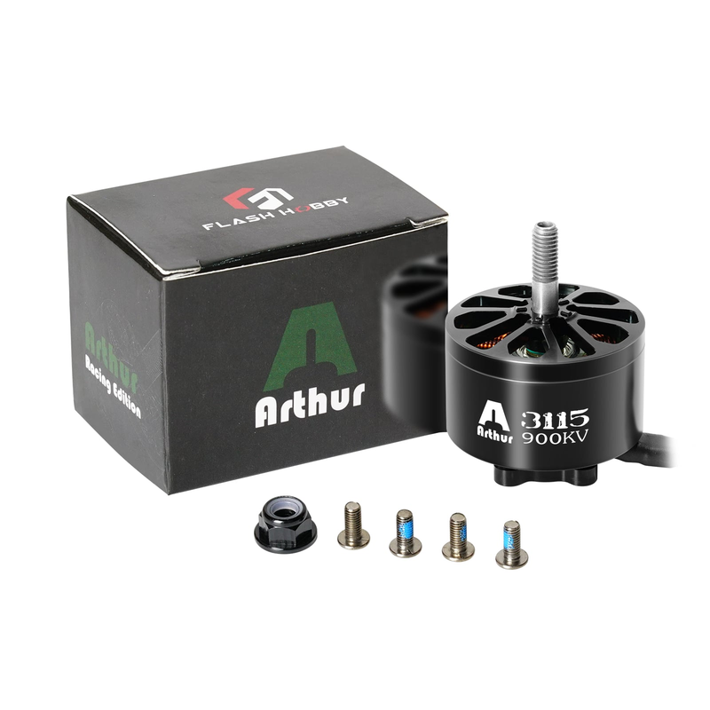 Brushless RC motor with 3115 900KV label, mounting hardware, and product box