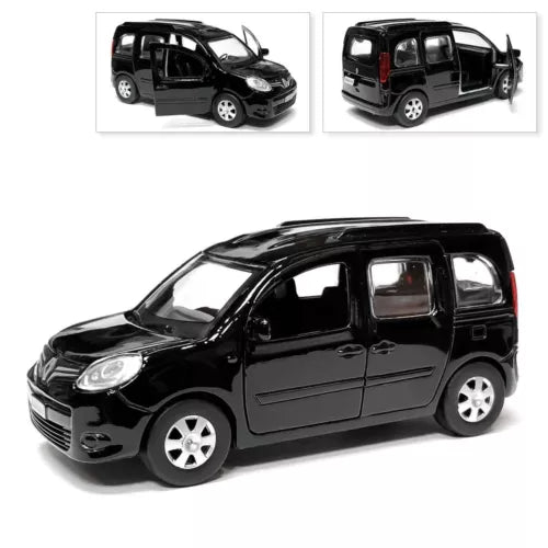 Black Renault Kangoo diecast model car, 1/36 scale, open windows
