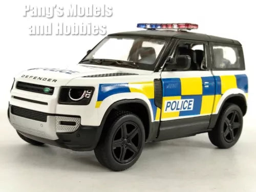 Police SUV diecast model toy, white with blue and yellow stripes, front 3/4 view