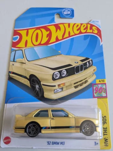 Beige '92 BMW M3 diecast toy car in blister pack