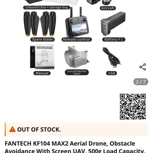 Drone accessory kit with remote, spare propellers, battery, USB cable, lens cover, tools