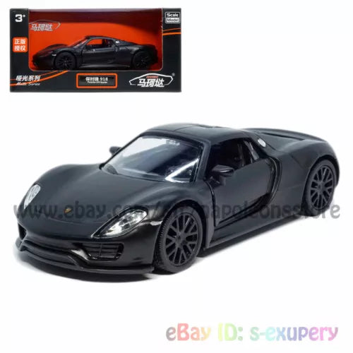 Black 1:36 scale diecast Porsche 918 Spyder toy car, front 3/4 view