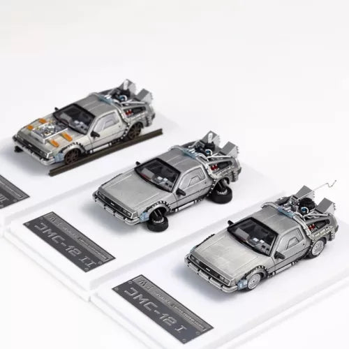 Gray diecast DeLorean time machine model car toy with gull-wing doors, 1:64 scale
