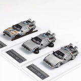 Gray diecast DeLorean time machine model car toy with gull-wing doors, 1:64 scale