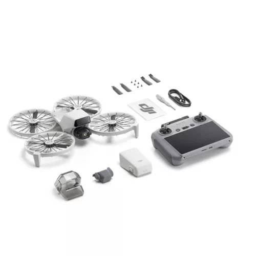 Foldable camera drone kit with propellers, controller, and battery, white and gray