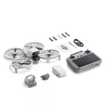 Foldable camera drone kit with propellers, controller, and battery, white and gray