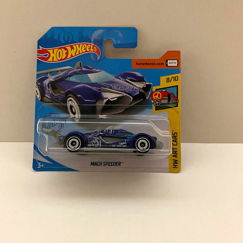 Hot Wheels Mach Speeder diecast car on card, dark blue and grey, 8/10