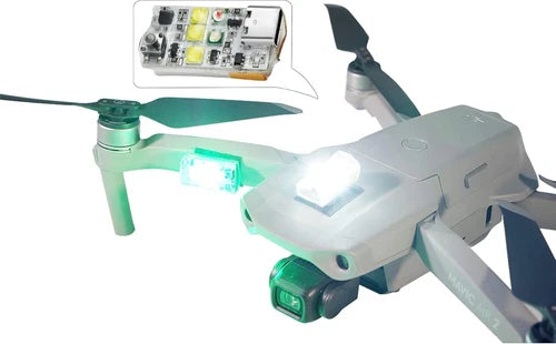 Drone strobe light accessory mounted on quadcopter, flashing green and white LED