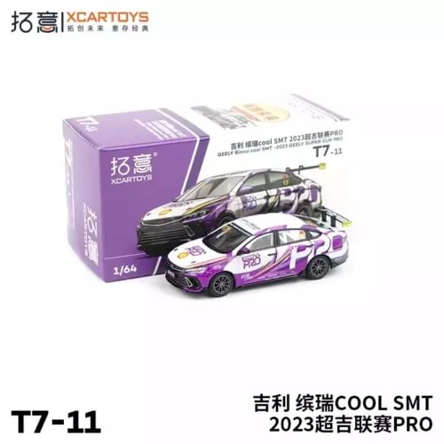 1:64 diecast race car model with purple graphics and black wheels, with box